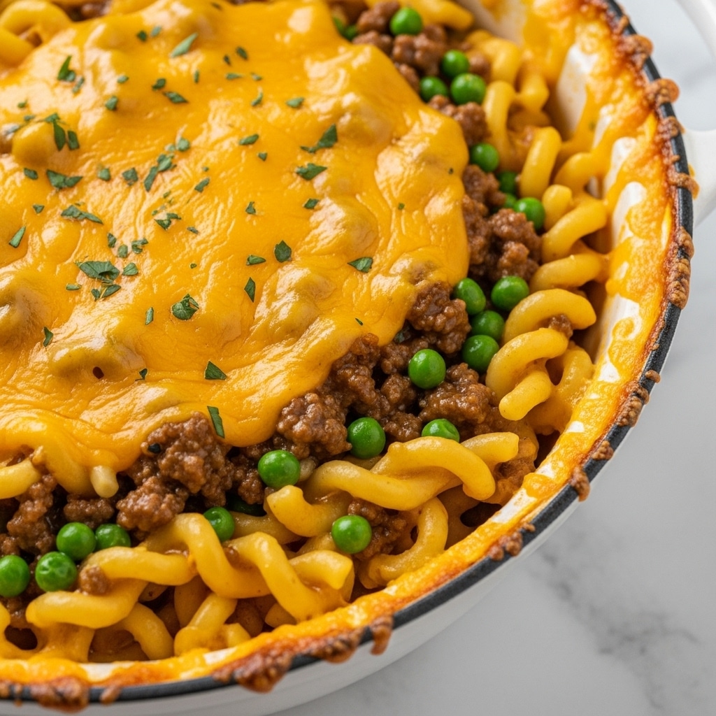 The image shows a close-up of a white cooking pot filled with a cheesy noodle dish. The pasta consists of yellow egg noodles mixed with small brown sausage pieces and bright green peas evenly spread throughout. Melted cheddar cheese covers the noodles, adding a rich orange-yellow color with some gooey texture. Small bits of fresh green herbs are sprinkled on top for garnish. The pot sits on a white marbled surface. Photo taken with an iphone --ar 4:5 --v 7
