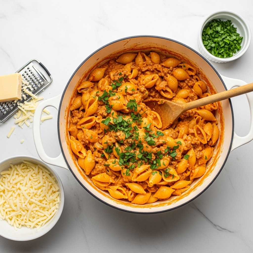A white pot filled with creamy shell pasta mixed with ground meat and a rich orange-colored sauce, sprinkled with chopped green parsley on top. A wooden spoon rests inside the pot, partially submerged in the pasta. To the left, a white bowl is filled with shredded pale yellow cheese, next to a metal grater with cheese shreds on it. On the right side, a small white bowl holds finely chopped green parsley. The whole setup is on a white marbled surface. photo taken with an iphone --ar 4:5 --v 7