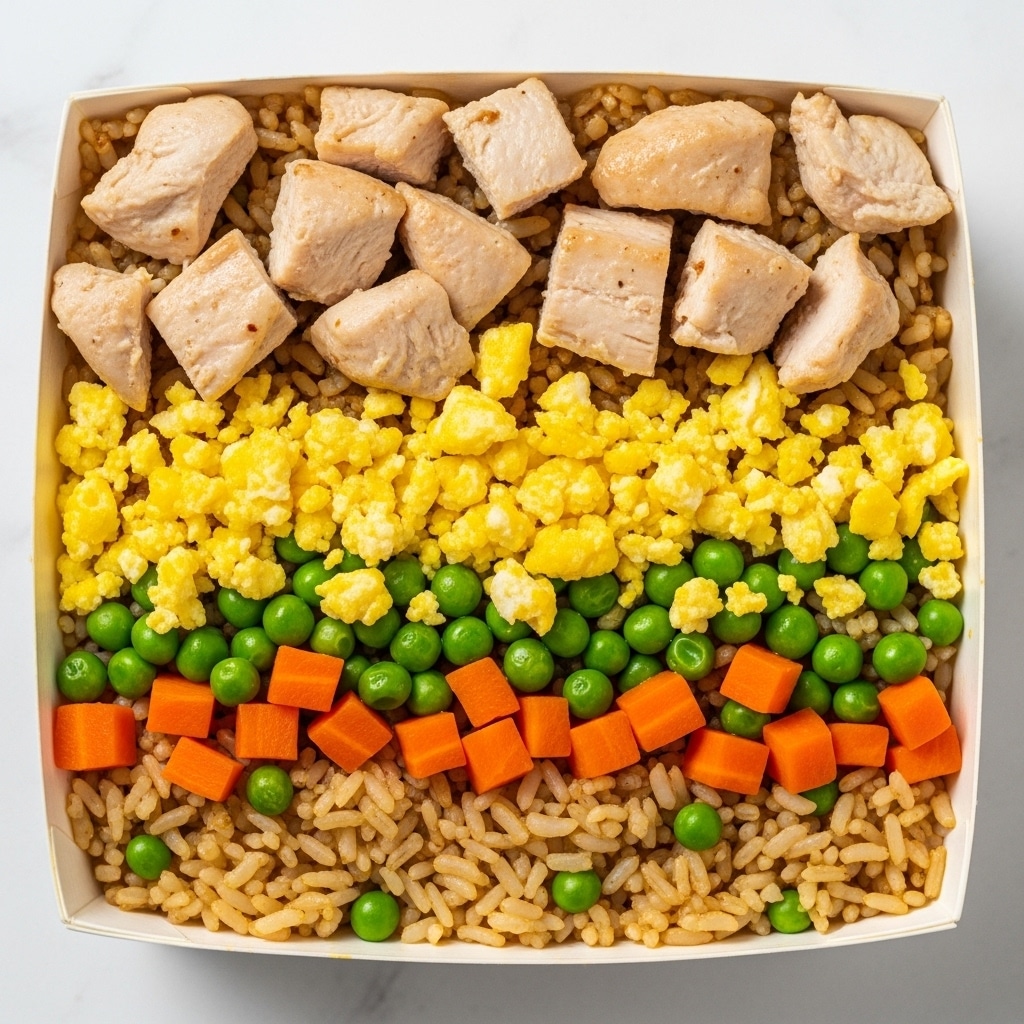 A close-up view of a white takeout box filled with fried rice, showing several layers; the bottom layer is golden brown fried rice with a slightly oily texture, mixed with small, bright yellow scrambled egg pieces scattered throughout. On top of the rice, there are medium-sized, light brown cooked chicken chunks, smooth in texture. Interspersed among the rice and chicken are bright orange carrot cubes and shiny, round green peas, adding color contrast. The background features a smooth white marbled texture. photo taken with an iphone --ar 4:5 --v 7