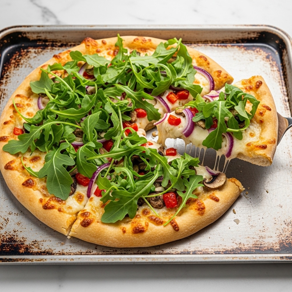 A pizza is shown on a metal tray with a slice being lifted by a metal spatula. The pizza has one thick crust layer, which is pale golden with some browning on the edges. The second layer has melted cheese that is creamy white and lightly browned in spots, mixed with small bits of mushrooms and red onion. The top layer consists of bright green arugula leaves spread all over, adding a fresh, leafy texture. The background is a white marbled surface. Photo taken with an iphone --ar 4:5 --v 7