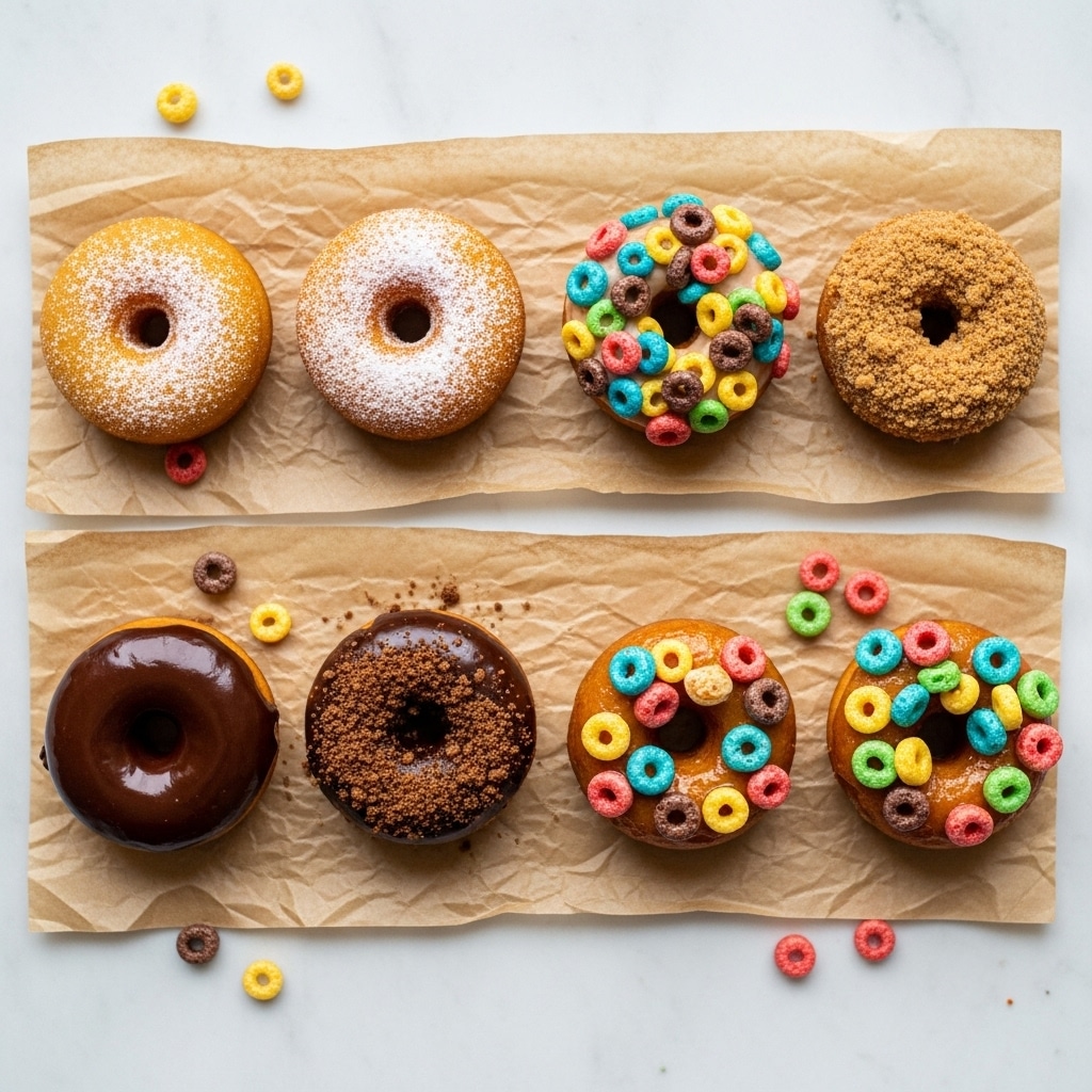 A group of eight doughnuts arranged in two rows on crinkled parchment paper over a white marbled surface, each doughnut showing different toppings and textures. The top row from left to right features a plain doughnut dusted lightly with powdered sugar, a doughnut topped with colorful blue, green, yellow, and brown small candy-like pieces on a light glaze, another plain doughnut with powdered sugar, and a crumbly brown doughnut with a crunchy textured topping. The bottom row includes a doughnut with a smooth chocolate glaze, a crumbly brown doughnut similar to the top right one, a doughnut with a thick light glaze covered with mixed small blue, beige, and brown candy-like pieces, and another doughnut with similar colorful topping showing bright blue and yellow pieces on a shiny glaze. The doughnuts have a golden-brown base with soft texture and various scattered crumbs and toppings around them. Photo taken with an iphone --ar 4:5 --v 7