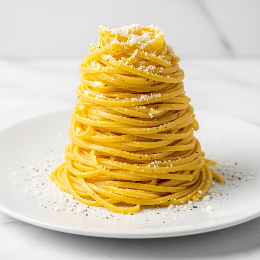 The image shows a tall, neat pile of yellow pasta strands stacked in the center of a white plate, with the pasta layered evenly to create a cone shape. The pasta is smooth and shiny, sprinkled lightly with small white cheese crumbs and black pepper bits all over, with some crumbs spread around the plate's edges. The background features a white marbled surface, giving a clean and simple look. Photo taken with an iphone --ar 4:5 --v 7