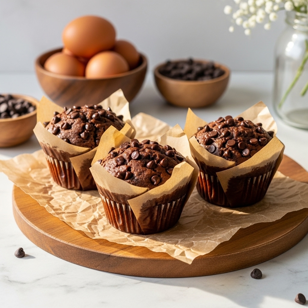 Three chocolate chip muffins with a light golden brown top and visible dark chocolate chips are placed on a small rounded wooden board. Each muffin is wrapped in a dark brown tulip-style paper liner that extends above the muffin top. In the background, on a white marbled surface, there is a wooden bowl filled with brown eggs and another wooden bowl holding dark chocolate chips, with one chocolate chip outside the bowl. Soft natural light creates gentle shadows, and a glass vase with white flowers is partially visible on the right side. Photo taken with an iphone --ar 4:5 --v 7