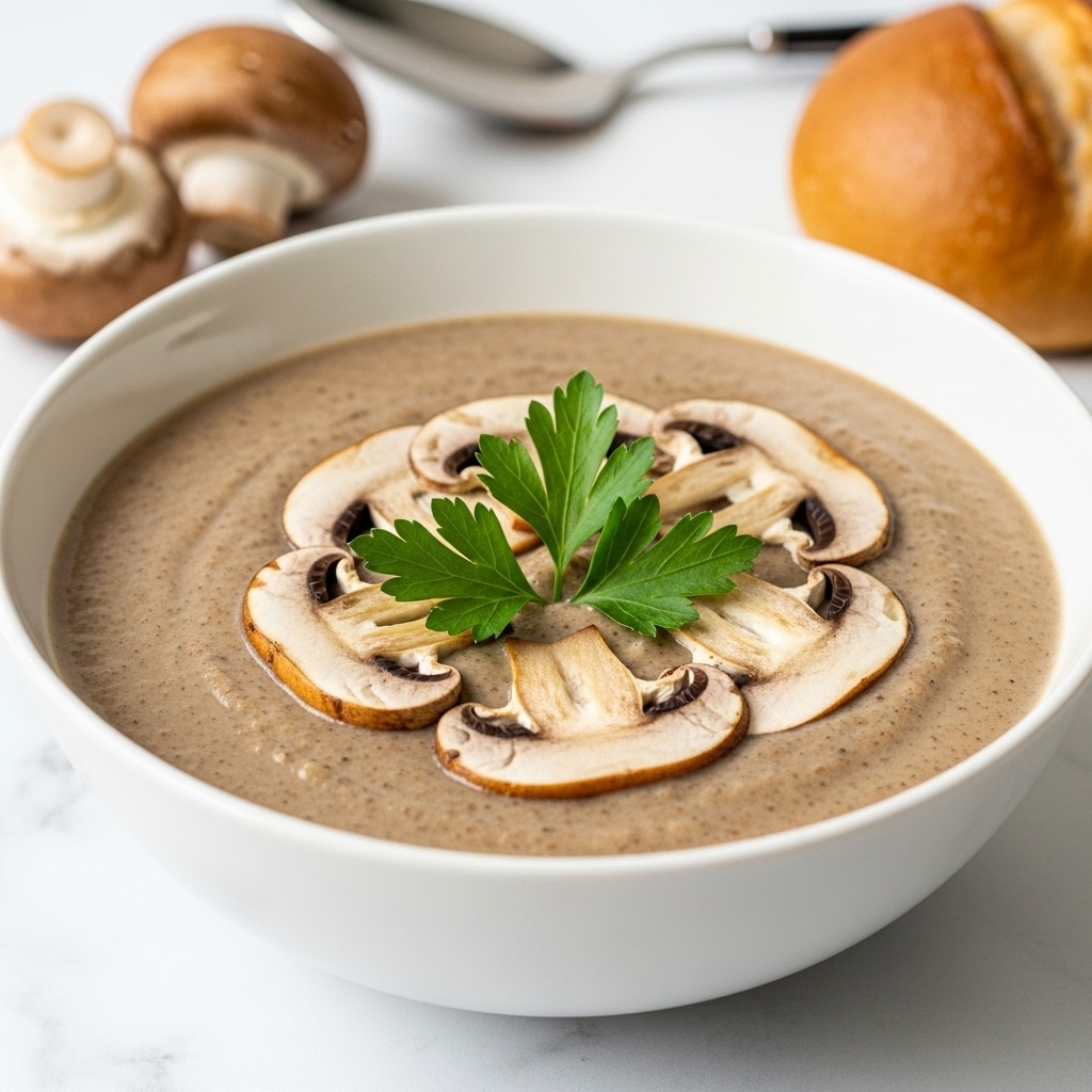 A white bowl filled with smooth, creamy mushroom soup that has a light brownish-gray color. On top, there are several small, sliced cooked mushrooms scattered, with a few fresh green parsley leaves placed neatly in the center. The bowl sits on a white marbled surface with two whole mushrooms and a piece of bread nearby, slightly out of focus in the background. The lighting is soft, highlighting the texture of the soup and the freshness of the garnish. photo taken with an iphone --ar 4:5 --v 7