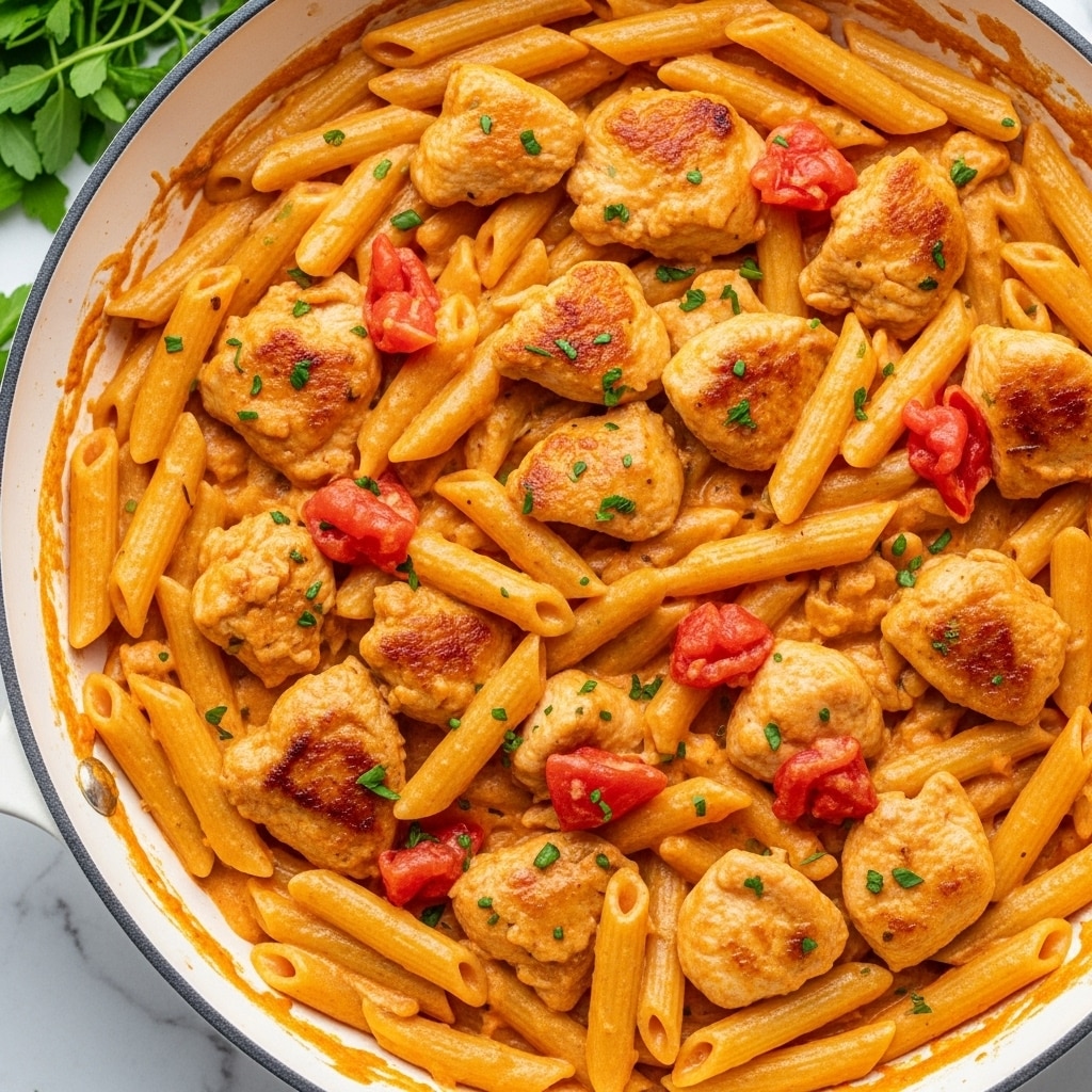 A close-up of a pot filled with creamy penne pasta mixed with pieces of cooked chicken and small diced tomatoes. The pasta is coated in a light orange creamy sauce, giving it a smooth and shiny texture. The chunks of chicken are light brown with some darker grilled spots, and the tomatoes add small bright red highlights throughout. Tiny bits of green herbs are sprinkled evenly over the dish, adding a fresh look. The pot is stainless steel and sits on a white marbled surface. photo taken with an iphone --ar 4:5 --v 7