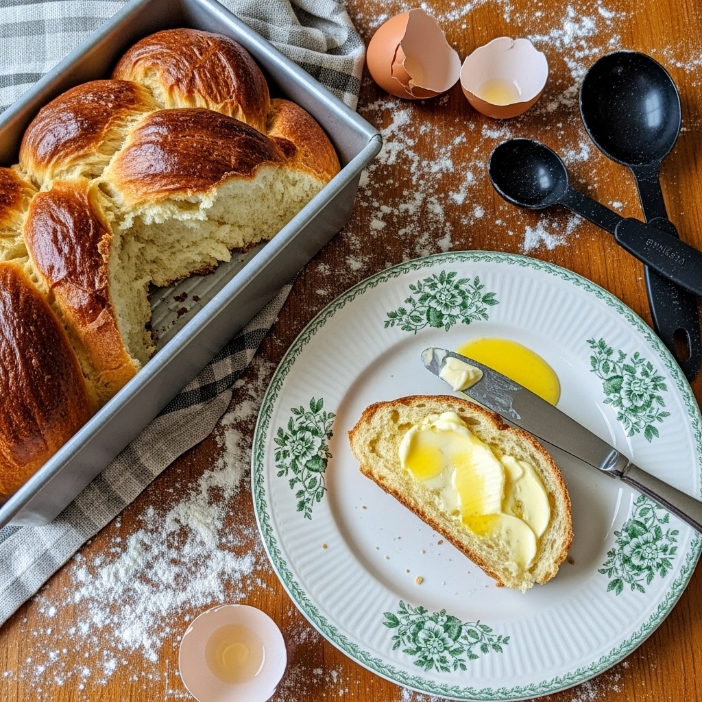 The image shows a loaf of soft, golden-brown bread with a braided top, placed in a dark metal tray on a white marbled surface dusted with flour. One portion of the bread has been removed and placed on a white plate with green floral patterns, topped with a thick spread of creamy yellow butter that looks partially melted. A vintage knife with butter residue rests on the plate beside the bread. Around the bread tray and plate, there are scattered cracked brown eggshells and measuring spoons, adding a rustic baking feel. Photo taken with an iphone --ar 4:5 --v 7