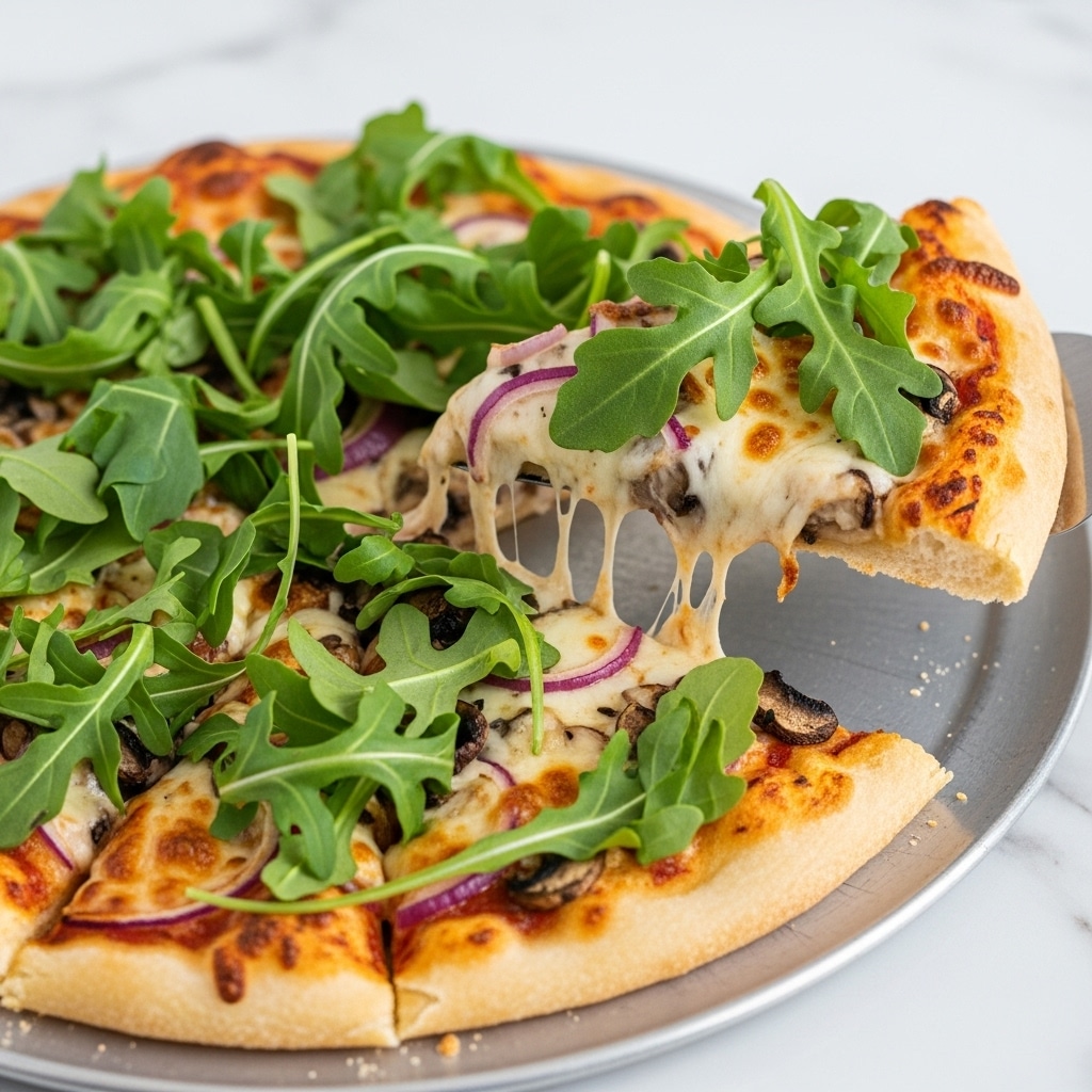 The image shows a pizza on a metal baking tray with a worn, rustic look, placed on a white marbled surface. The pizza has a thick crust, golden with light browning at the edges. There is a layer of melted white cheese with spots of light brown where it is baked. Scattered on top of the cheese are pieces of red onion and small bits of red and green vegetables, and mushrooms visible. The pizza is generously topped with fresh green arugula leaves, covering most of the surface. One slice is being lifted by a silver spatula, showing the underside of the crust lightly browned and soft. Photo taken with an iphone --ar 4:5 --v 7