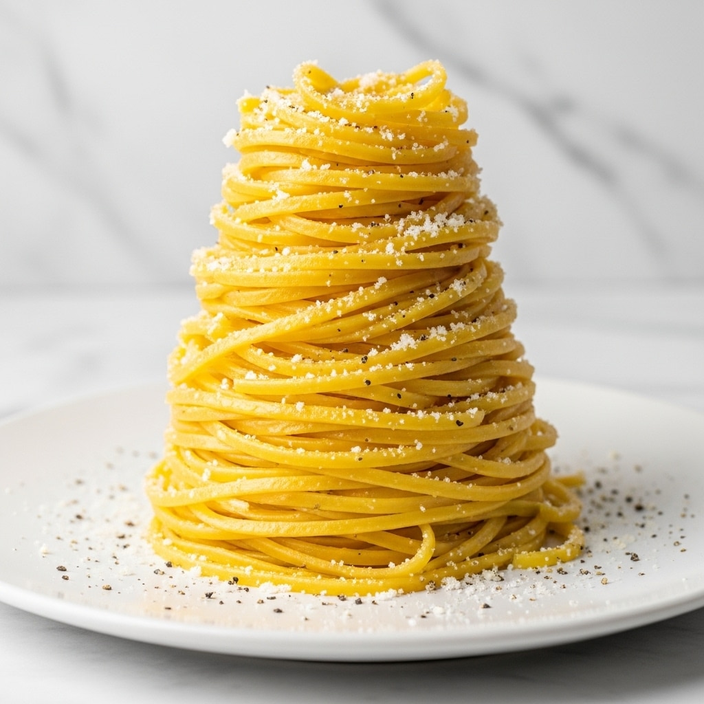 The image shows a tall, neat pile of yellow pasta strands on a white plate with a smooth finish. The pasta is tightly wound in a cone shape, standing upright in the center of the plate. The noodles have a glossy texture, lightly coated with a sauce or oil that gives them a slight shine. On top and scattered around, there is a sprinkle of finely grated white cheese and some black pepper specks adding contrast. The white plate rests on a surface with a white marbled texture, offering a clean and simple background. Photo taken with an iphone --ar 4:5 --v 7