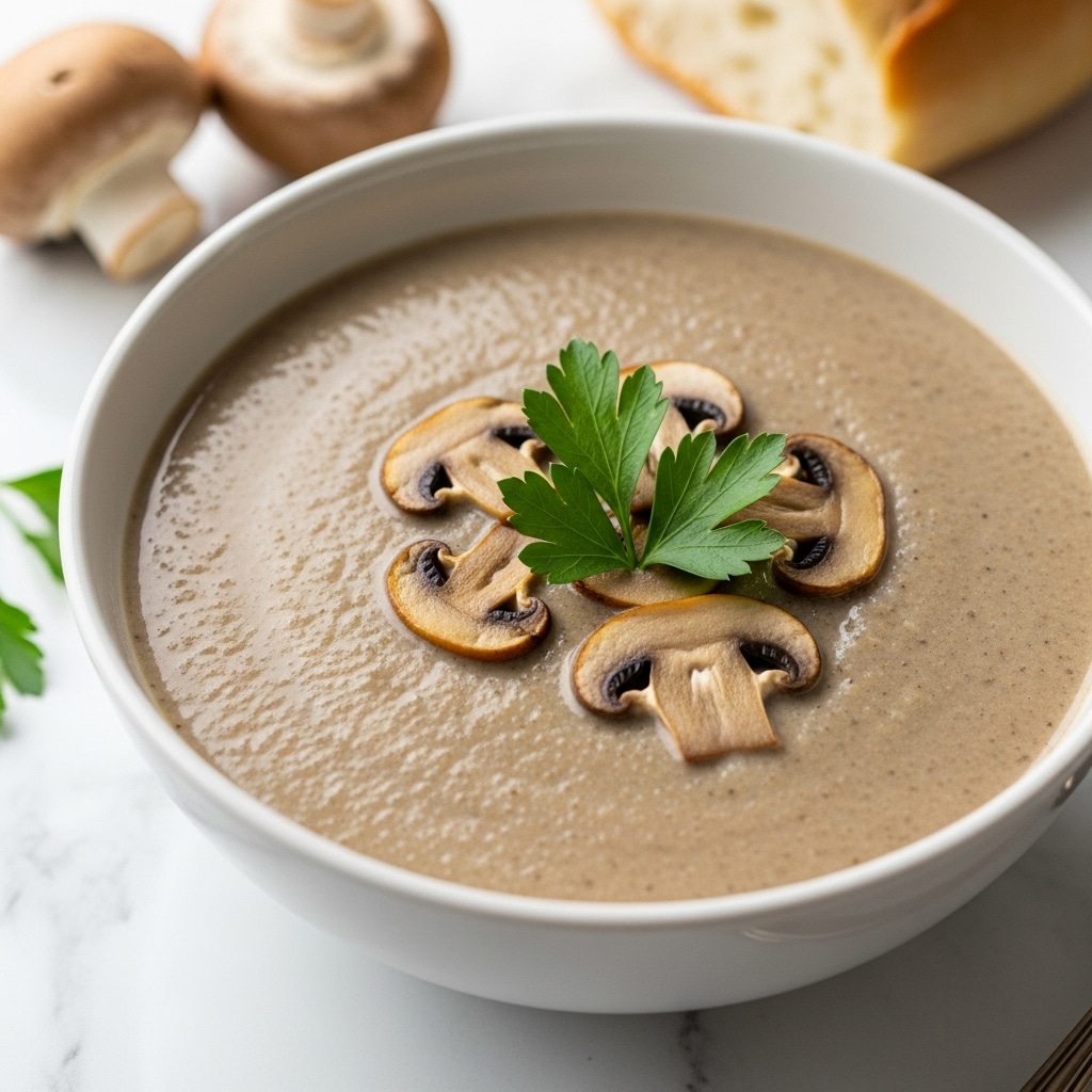 A white bowl filled with creamy mushroom soup with a smooth brownish-gray texture, topped with thin slices of cooked mushrooms that are light to dark brown with soft edges, and garnished with fresh, bright green parsley leaves placed in the center. The bowl sits on a white marbled surface, with two whole mushrooms and a round brown bread roll placed near it in the background, and a blurred spoon handle visible behind. The photo taken with an iphone --ar 4:5 --v 7