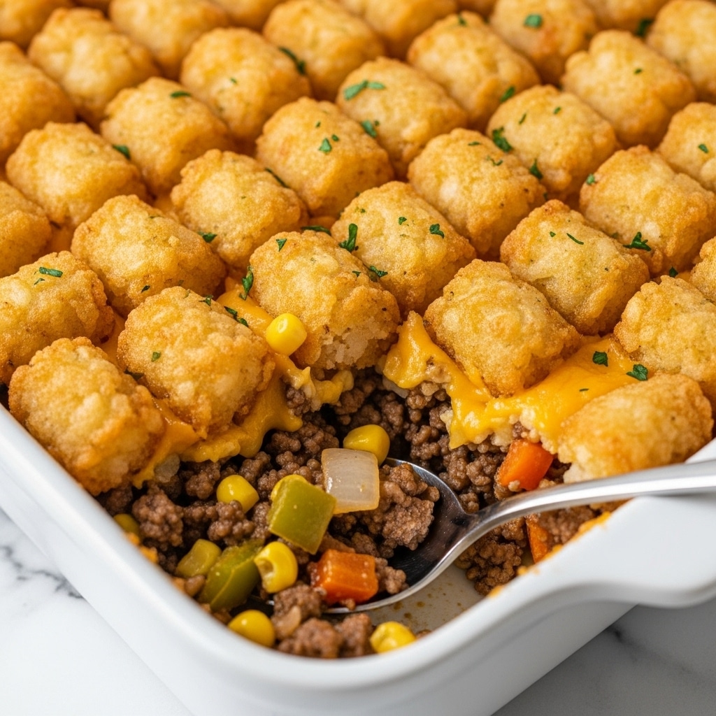 This close-up image shows a dish layered with golden brown tater tots that have a crispy texture and are melted with bright yellow cheddar cheese on top. The center layer reveals cooked ground beef mixed with corn kernels, small chopped onions, and bits of green and red bell peppers, all coated in a glossy, warm sauce. Small green chopped herbs are sprinkled over the tater tots for a fresh touch. The entire dish is set against a white marbled background, with a portion scooped out by a metal spatula. photo taken with an iphone --ar 4:5 --v 7