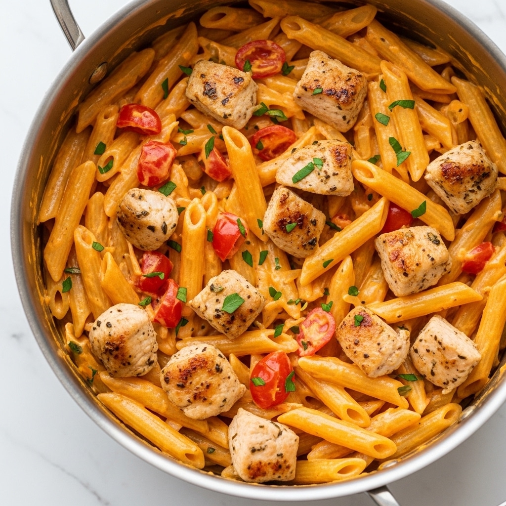 A close-up view of a large white cooking pan filled with creamy penne pasta mixed with tender pieces of browned chicken. The pasta is coated in a thick orange-colored sauce with visible bits of diced red tomatoes spread throughout. Small flecks of green herbs are sprinkled over the dish, adding a touch of color contrast. The sauce looks smooth and rich, evenly covering the pasta and chicken pieces. The pan sits on a surface with a white marbled texture, and fresh green herbs peek in from the top left corner. photo taken with an iphone --ar 4:5 --v 7