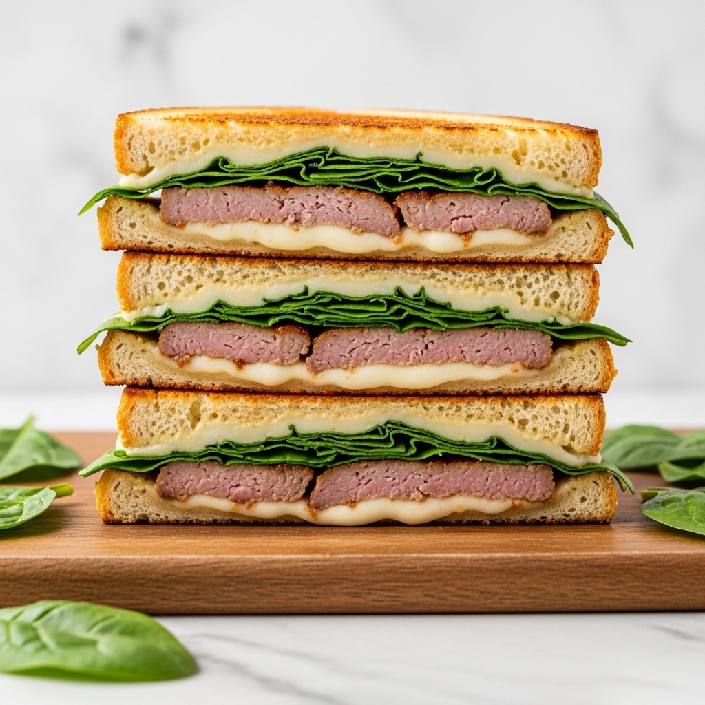 A stack of three grilled sandwiches is shown, each sandwich cut in half and layered. Each sandwich has two golden-brown toasted bread slices with a crunchy texture and holes. Between the bread layers, there is green leafy spinach, melted white cheese that oozes slightly, and cooked brown meat slices. The sandwiches are placed on a wooden board with a few green leafy accents around. The background has a white marbled texture. photo taken with an iphone --ar 4:5 --v 7