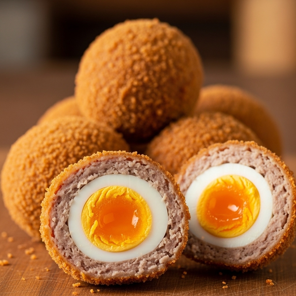 A group of golden brown, crispy Scotch eggs arranged on a wooden cutting board with one egg cut in half showing three layers: a bright white outer egg white layer, a vibrant, slightly runny orange yolk in the center, and a thick brown sausage meat layer surrounding the egg. The eggs have a crunchy, textured coating and are set against a blurred background of a cozy, warmly lit pub with framed pictures and wooden furniture. The surface beneath the cutting board is white marbled texture. Photo taken with an iphone --ar 4:5 --v 7