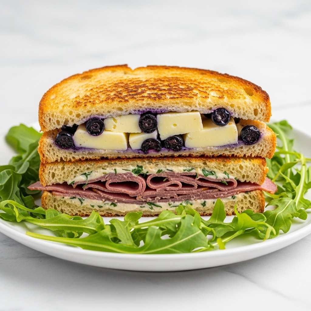 A grilled sandwich cut in half sits on a white plate, showing three layers inside: the top and bottom layers are toasted light brown bread with a crispy texture, and the middle layer has melted white cheese, small dark purple blueberries, and some shredded meat with a slightly pinkish color. The plate is garnished with fresh green arugula leaves around the sandwich, and a few loose blueberries are placed near the plate’s edge. The scene is set on a white marbled surface. photo taken with an iphone --ar 4:5 --v 7