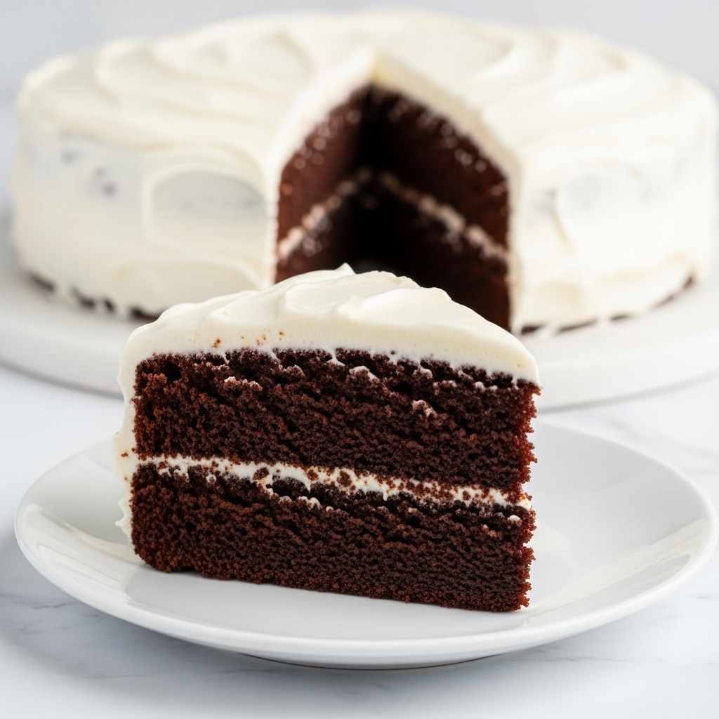 A single slice of dark brown chocolate cake with a rough, moist texture sits on a white plate, topped with one smooth layer of thick white frosting spread evenly on top. In the blurred background, a whole cake with the same dark chocolate base and white frosting is visible on another white plate. The surface underneath is a white marbled texture with a bright pink cloth nearby. The overall look is simple with a strong contrast between the dark cake and white frosting. photo taken with an iphone --ar 4:5 --v 7