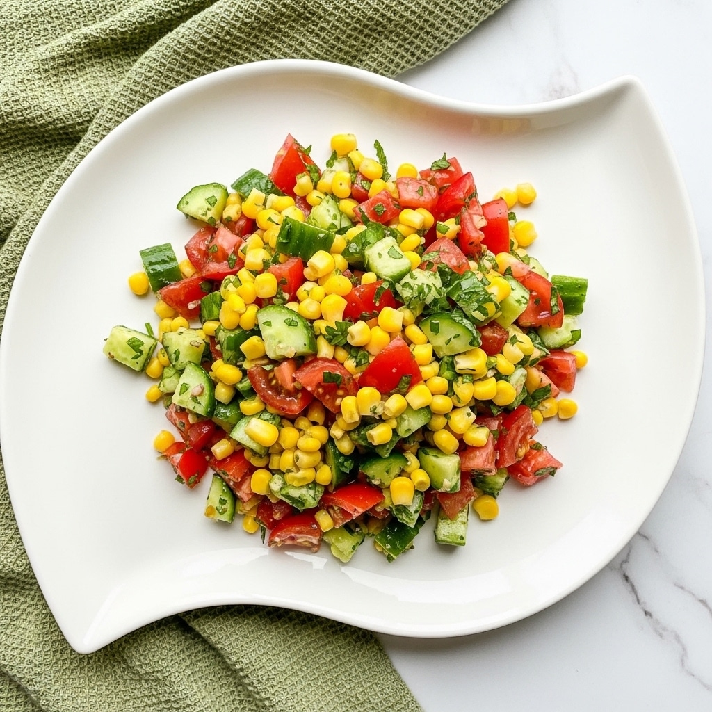A mound of fresh corn salad sits in the center of a white plate with a subtle wave edge design. The salad consists of bright yellow corn kernels mixed with juicy red tomato chunks, small green cucumber pieces, finely chopped green herbs, and bits of white onion. The colors are vibrant and the textures look fresh and slightly crisp, with the ingredients evenly mixed into a loose pile. The plate rests on a white marbled surface with a light green cloth partially underneath. Photo taken with an iphone --ar 4:5 --v 7