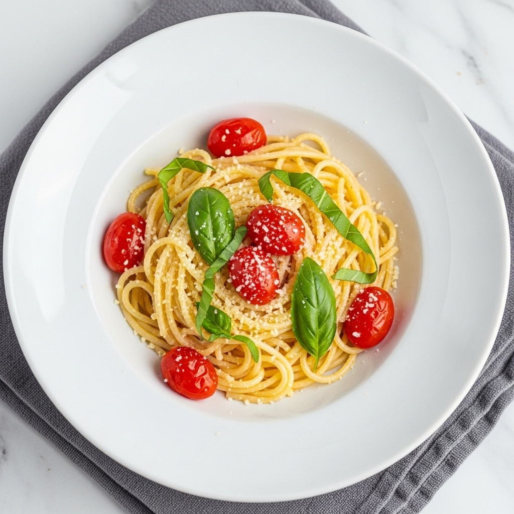 A white deep plate holds a simple spaghetti dish with about three layers visible: the bottom layer is golden spaghetti noodles, lightly coated with a shiny sauce; scattered on top are bright red cherry tomato pieces adding a pop of color; a layer of finely shredded pale yellow cheese is sprinkled over the pasta, melting slightly; fresh, thinly sliced dark green basil leaves rest on top as a fresh garnish; the plate is placed on a beige cloth over a white marbled surface. Photo taken with an iphone --ar 4:5 --v 7