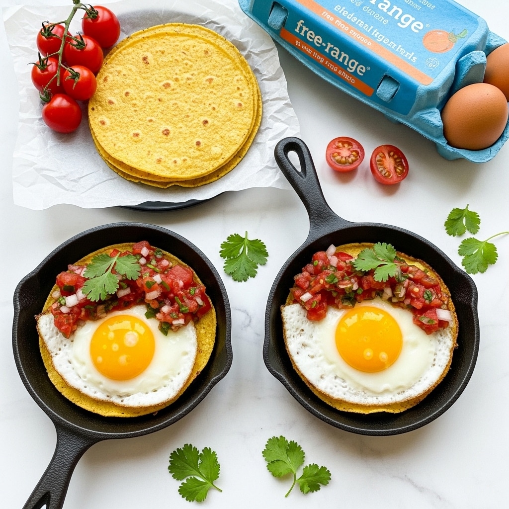 The image shows two small black skillets each holding a tostada with three visible layers: a crispy yellow tortilla at the bottom, a fried egg with a bright yellow yolk and white edges in the middle, and chunky red salsa with diced tomatoes and onions on top, garnished with green cilantro leaves. Near the skillets, there is a white plate holding a stack of yellow tortillas, and a few red cherry tomatoes on a vine resting on the white marbled surface. A blue carton of eggs lies next to the skillets with one brown egg visible nearby. A bowl of chunky salsa sits at the bottom left, with a spoon inside. The overall setting is on a white marbled texture, adding to the brightness of the scene. photo taken with an iphone --ar 4:5 --v 7