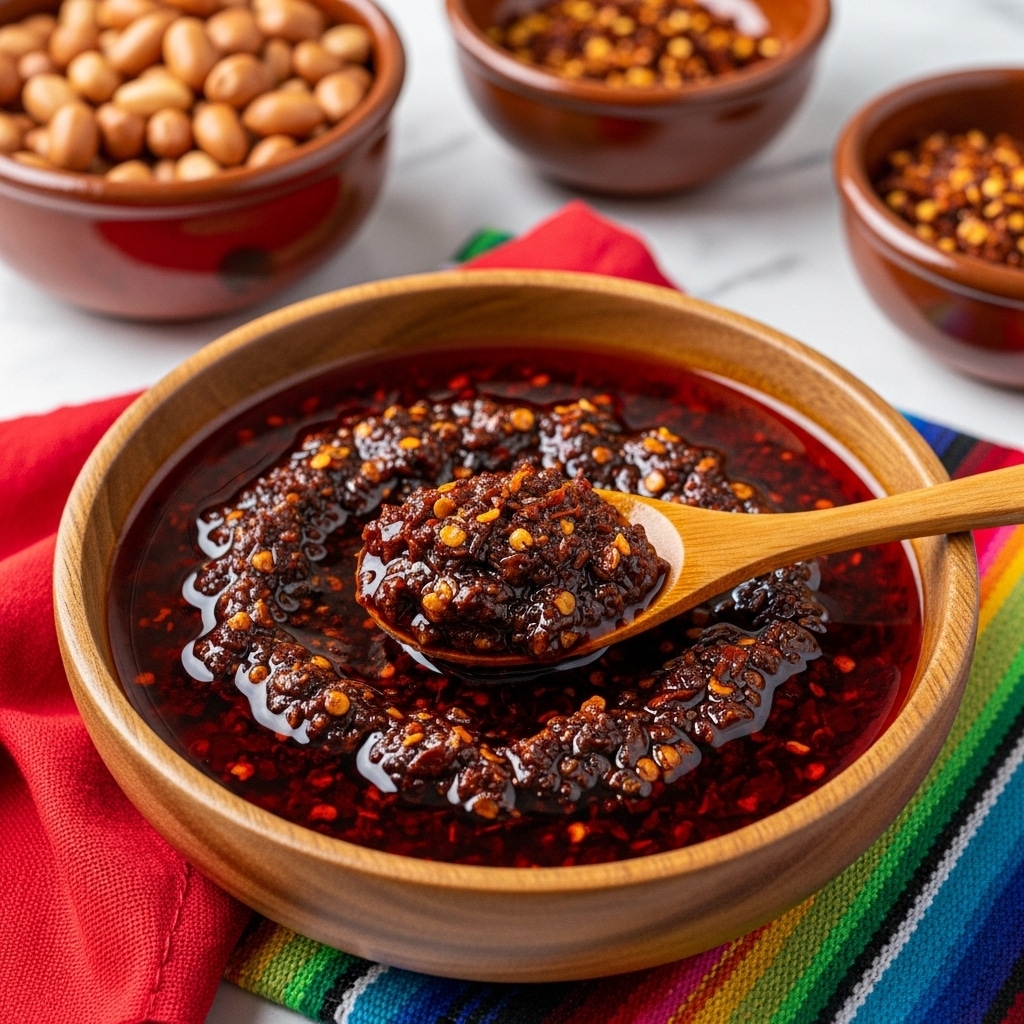 A wooden bowl filled with dark red chili oil sauce with visible chili flakes and seeds floats on the shiny surface. A wooden spoon is scooping a thick, textured portion of the spicy sauce from the center, held inside the bowl. The bowl rests on a red cloth over a colorful striped cloth, featuring green, blue, red, and white lines, all set on a white marbled surface. In the blurred background, two more wooden bowls are visible, one filled with light-colored peanuts and the other with more chili flakes. photo taken with an iphone --ar 4:5 --v 7