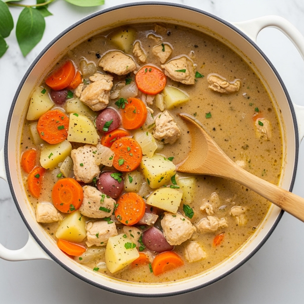 A close-up view of a creamy chicken stew in a white pan with a wooden spoon resting inside. The stew has chunky layers including orange carrot slices, light beige chicken pieces, and light yellow potato chunks with some red skin still on. The thick broth is light beige with herbs and pepper specks visible throughout, and small green parsley pieces scattered on top. The pan sits on a white marbled surface with a sprig of parsley and a beige cloth partially visible on the side. Photo taken with an iphone --ar 4:5 --v 7