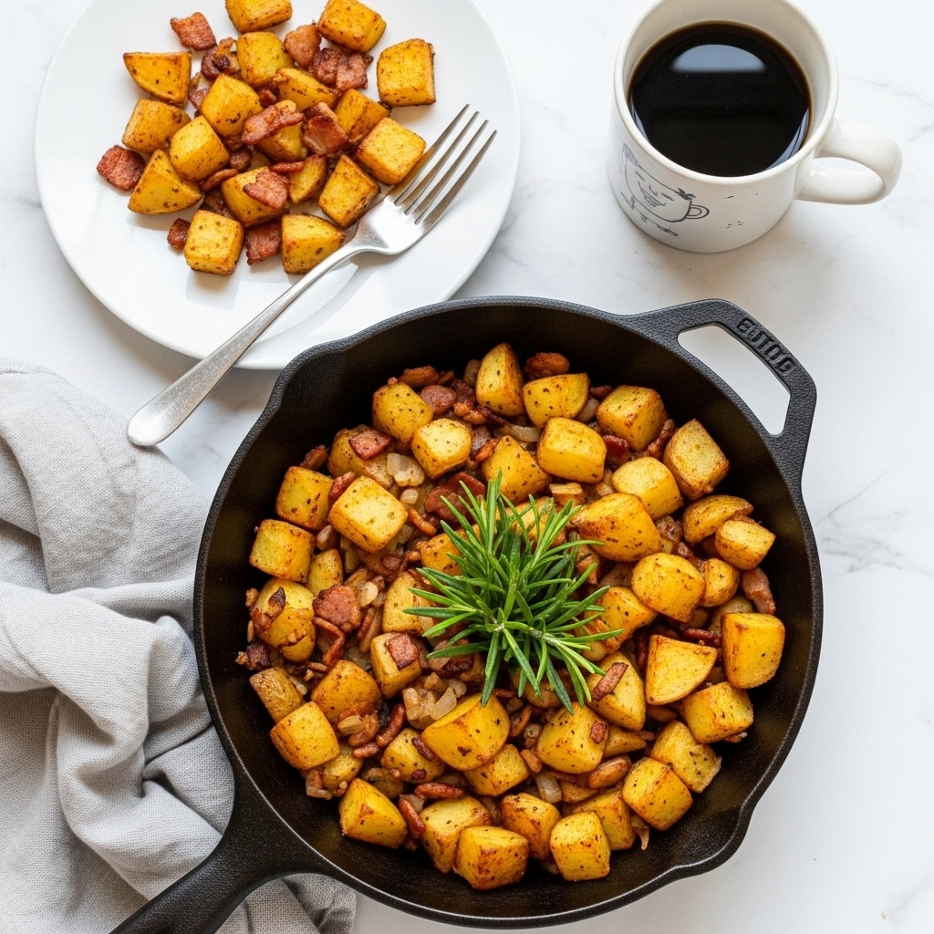A close-up of a black cast iron skillet filled nearly to the top with golden brown, crispy roasted potatoes mixed with caramelized onions and small bits of bacon, topped with a small green rosemary sprig placed horizontally across the center. To the right, a white plate holds a small serving of the same potato mixture partial off the edge, with a fork nearby. Behind the plate, a white ceramic mug with raccoon illustrations holds black coffee. Everything is set on a white marbled surface. photo taken with an iphone --ar 4:5 --v 7
