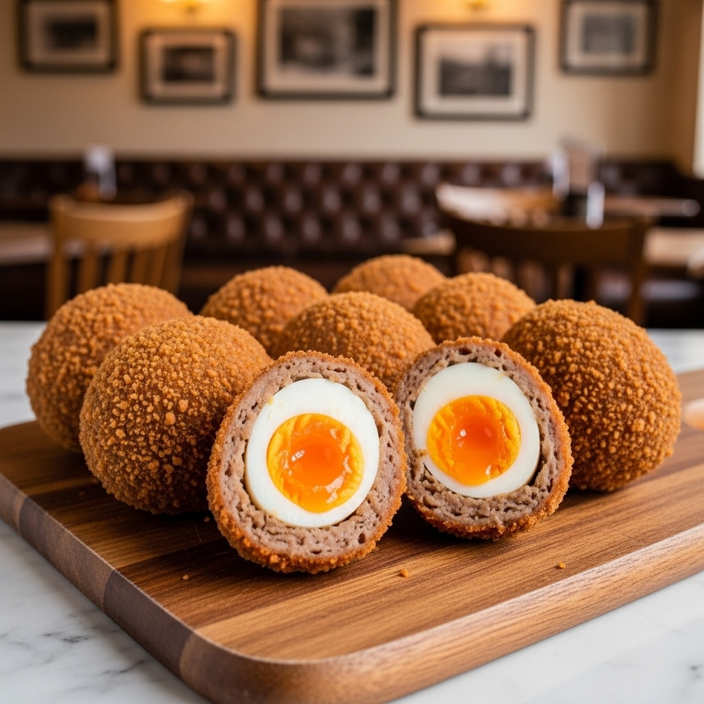 A group of round, golden-brown fried Scotch eggs with a crispy, textured outer layer sits on a wooden cutting board. One Scotch egg in the front is cut in half, showing three clear layers: the smooth white boiled egg on the outside, a bright yellow yolk in the center, and a thick, light brown sausage meat layer surrounding the egg. The background is blurred with warm brown tones, suggesting a cozy indoor setting. Photo taken with an iphone --ar 4:5 --v 7