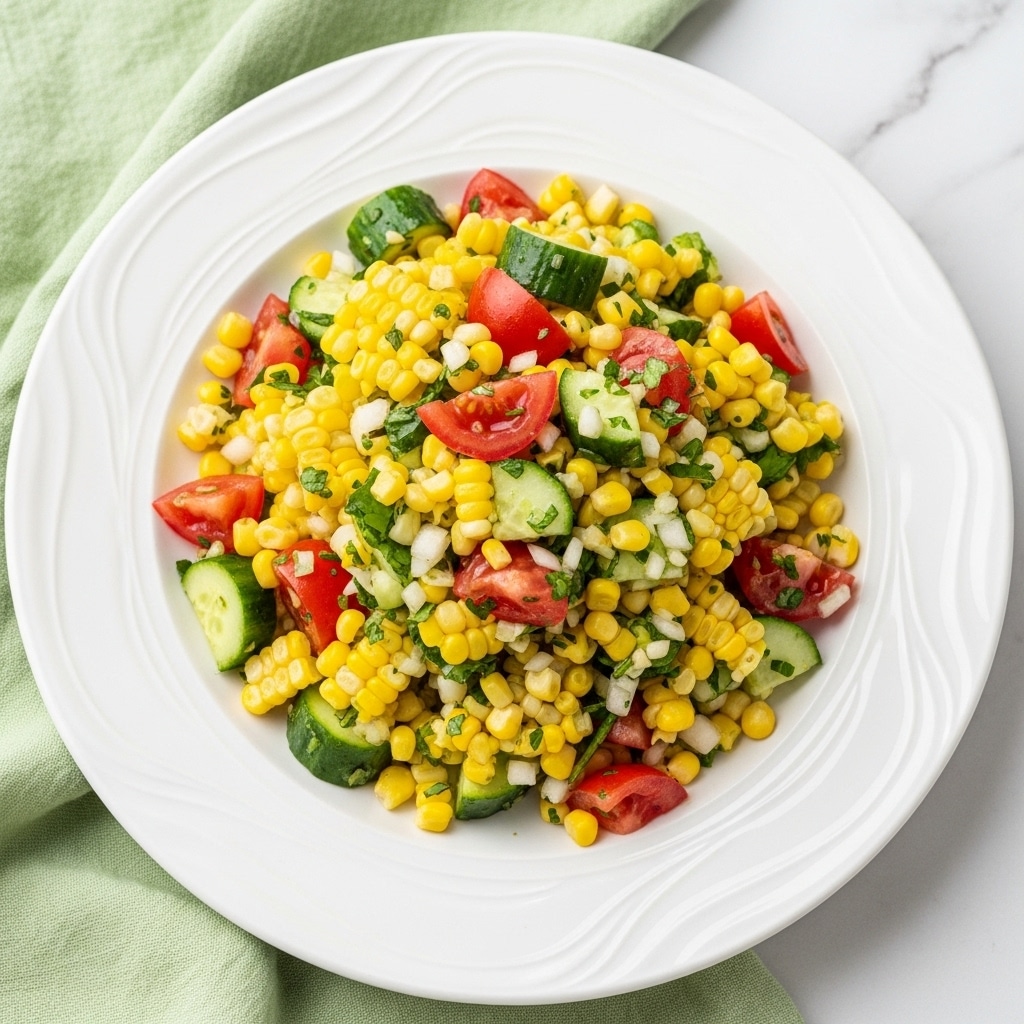 A white plate with a curved edge holds a colorful salad piled in the center, showing three main layers of small yellow corn pieces, red tomato chunks, and green cucumber bits mixed with finely chopped herbs, all tossed together creating a fresh and vibrant look with a mix of smooth and slightly rough textures, placed on a white marbled surface with a textured green cloth underneath. photo taken with an iphone --ar 4:5 --v 7