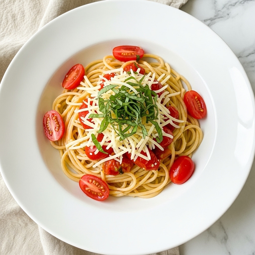 A white deep plate holds a small serving of spaghetti pasta. The pasta strands are light yellow and appear smooth and cooked, mixed with vibrant red cherry tomato pieces scattered throughout. On top, thin slices of fresh green basil leaves are spread, adding a fresh contrast. There is a fine layer of grated pale yellow cheese sprinkled over the pasta and tomatoes. The plate is placed on a gray cloth napkin, set against a white marbled surface. photo taken with an iphone --ar 4:5 --v 7