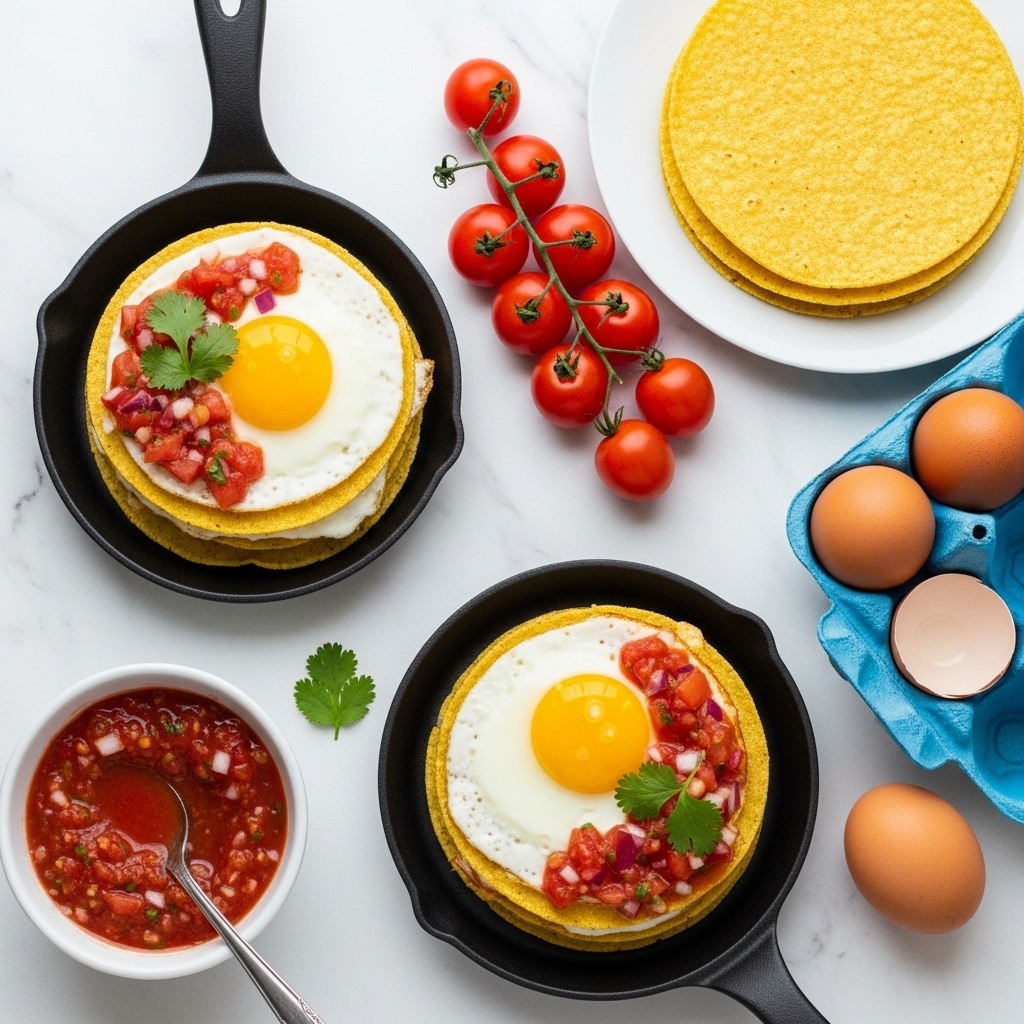 The image shows two small black cast iron pans, each holding a breakfast tostada made with a golden, crispy corn tortilla base, topped with a perfectly cooked sunny-side-up egg with a bright yellow yolk and firm white edges. On top of the eggs, there is a generous spoonful of chunky red salsa made from diced tomatoes, onions, and green herbs, with fresh green cilantro leaves placed on the salsa and around the pans for garnish. To the side, there is a stack of more golden tortillas resting on parchment paper, with a cluster of small red cherry tomatoes nearby and a blue carton of free-range eggs placed on a white marbled surface. The lighting highlights the vibrant colors and textures of the dish. Photo taken with an iphone --ar 4:5 --v 7