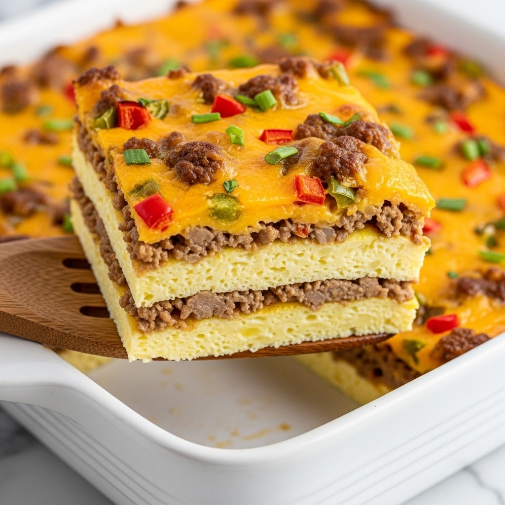 A square slice of layered breakfast casserole is being lifted from a white dish with a wooden spatula. The casserole has about three layers: the bottom is a pale yellow soft egg base, the middle layer is a mix of browned sausage and chopped green and red bell peppers, and the top layer is melted golden cheese with some green herbs sprinkled on top. The casserole looks moist and fluffy, with colorful bits of peppers and browned sausage pieces scattered throughout the melted cheese layer. The background features a white marbled surface, and more casserole pieces can be seen in the white dish. Photo taken with an iphone --ar 4:5 --v 7