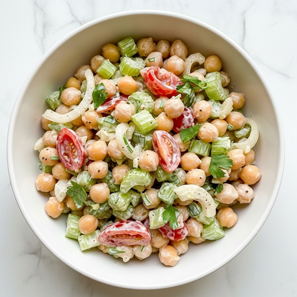The image shows a bowl filled with a creamy salad mixture consisting of several layers of ingredients. The base layer is a light beige creamy dressing that coats white chickpeas, small chunks of green celery, and bits of red tomato. There are also visible pieces of white onion and thin strands of fresh green herbs sprinkled throughout the salad. The salad is inside a white bowl with a small pouring lip, placed on a white marbled surface. The textures range from smooth and creamy to chunky and crisp, giving a fresh and colorful look. Photo taken with an iphone --ar 4:5 --v 7