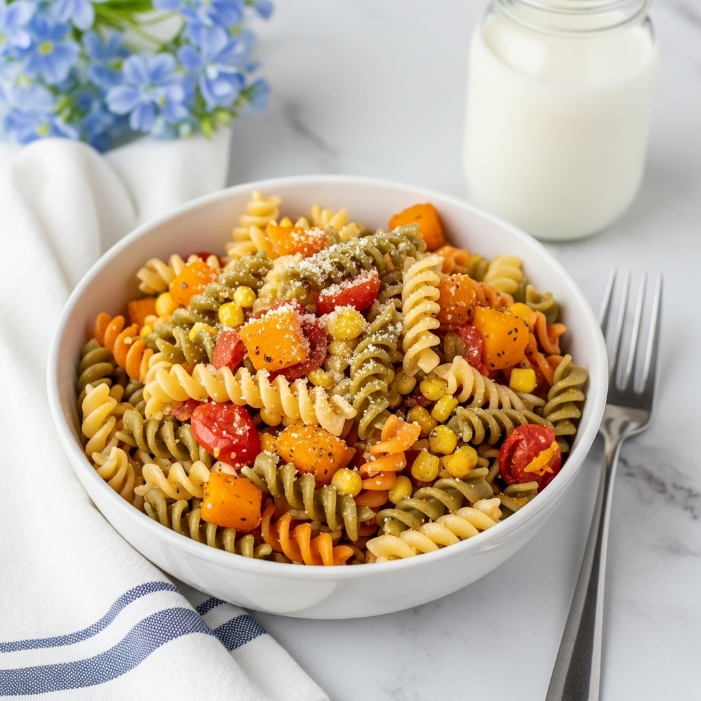 A white bowl filled with tri-color rotini pasta, showing three layers of twisted pasta pieces in yellow, green, and orange. Scattered among the pasta are small chunks of orange butternut squash, shiny red tomato bits, and kernels of white corn. The pasta is lightly coated with a sauce, giving it a slight glisten, and there are small sprinkles of grated white cheese on top. The bowl sits on a white and blue striped cloth placed over a white marbled surface. To the left of the bowl is a white fork and a glass jar filled with milk, with some small blue and white flowers near the top right edge of the scene. photo taken with an iphone --ar 4:5 --v 7