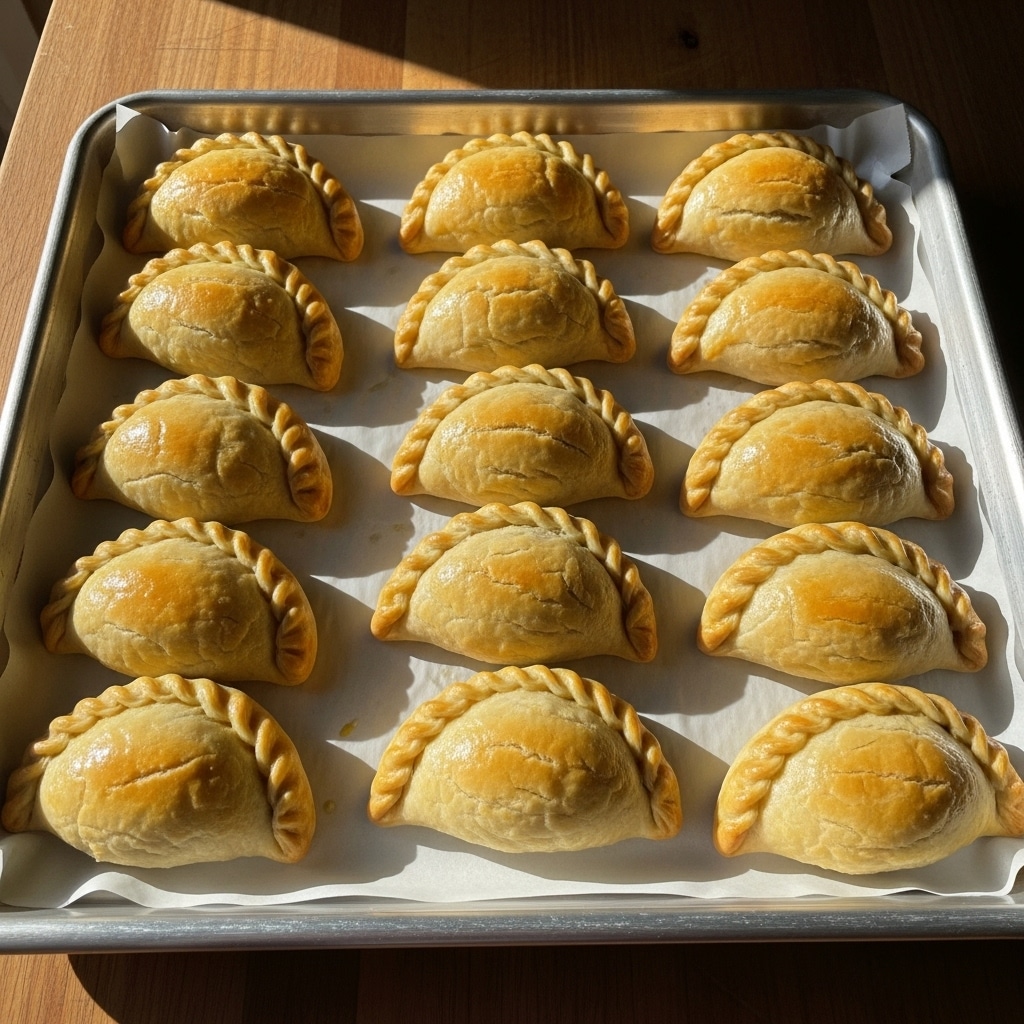 The image shows a metal baking tray filled with twelve golden-brown half-moon shaped pastries, each with a twisted edge detail along the curved side. The pastries have a smooth, slightly shiny top with a few light brown spots showing where they are baked. The tray is lined with white parchment paper, and the tray sits on a wood-colored surface near a window, with soft natural light casting warm highlights and gentle shadows across the pastries. photo taken with an iphone --ar 4:5 --v 7