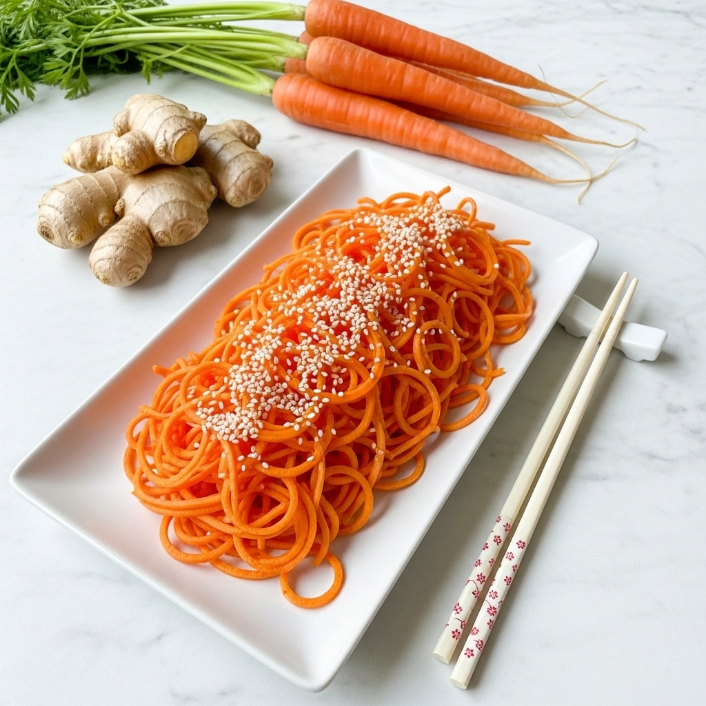 A white rectangular plate holds a mound of bright orange carrot noodles, thinly spiralized and topped with white sesame seeds scattered evenly. To the right of the plate, a pair of light-colored chopsticks rests with delicate red markings near the tips. On the upper left corner of the frame, fresh ginger root is placed next to a bunch of fresh carrots with green tops, all resting on a white marbled textured surface. Photo taken with an iphone --ar 4:5 --v 7