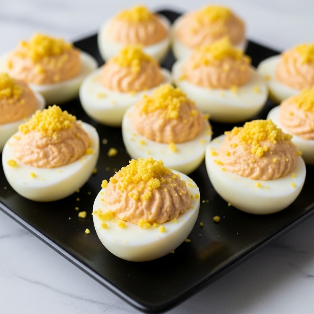 The image shows a black flat plate holding nine deviled eggs arranged in a loose cluster. Each egg is halved with smooth white edges forming the base layer. The filling is a soft, slightly uneven orange creamy layer piled generously on each egg half, topped with small, crumbly, light tan bits scattered over the surface for texture. The plate rests on a surface with a white marbled texture. photo taken with an iphone --ar 4:5 --v 7