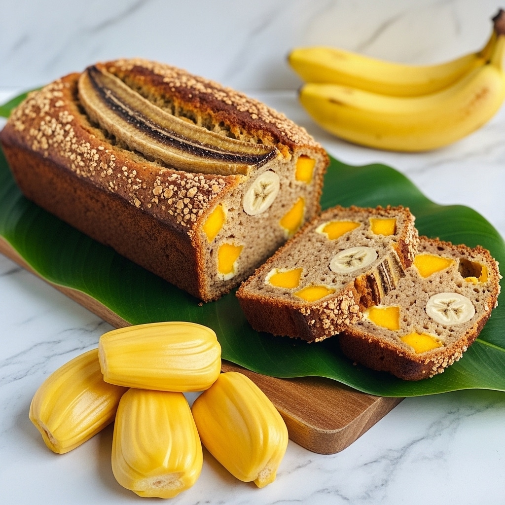 A loaf of banana bread with a dark brown crust sits on a wooden board over a large green leaf on a white marbled surface; one end of the bread is cut to show a moist interior filled with small, bright yellow chunks and slices of banana embedded within, with two thick slices laid next to the loaf showing similar texture and bits; in the foreground, three pieces of bright yellow fruit sit on the leaf, and in the background, a whole ripe banana rests on the white marbled surface with a plain white wall behind. Photo taken with an iphone --ar 4:5 --v 7