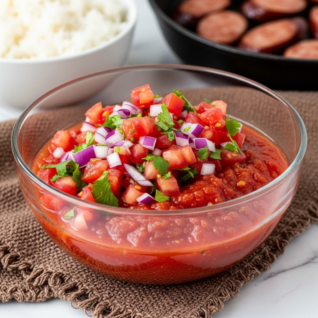 A clear glass bowl filled with fresh salsa showing three visible layers: a bottom layer of smooth red tomato juice, a middle layer of bright red diced tomatoes, and a top layer of chopped pale purple onions mixed with finely chopped green herbs, all resting on a brown textured cloth with a soft-focus background of sliced dark sausage in a black dish and white rice in a white bowl, set against a white marbled texture. photo taken with an iphone --ar 4:5 --v 7