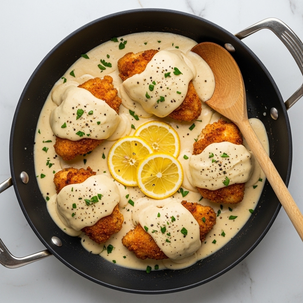 The image shows a black skillet filled with five pieces of golden-brown chicken breasts covered in a creamy yellow sauce with visible black pepper and green herb bits. Thin lemon slices are scattered among the chicken pieces, adding a bright yellow contrast. A wooden spoon rests on the right side of the skillet. The skillet sits on a white marbled surface. photo taken with an iphone --ar 4:5 --v 7