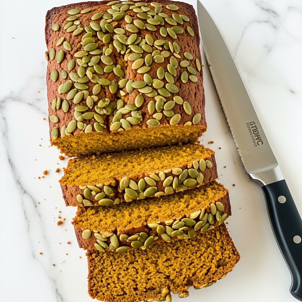 A loaf of brown bread with a rough, textured surface sprinkled with light green pumpkin seeds on top is sliced into five thick pieces arranged in a slight curve. The inside of the bread shows a dense, crumbly texture with a consistent deep brown color. The bread is placed on a white marbled surface with a black-handled knife nearby. Photo taken with an iphone --ar 4:5 --v 7