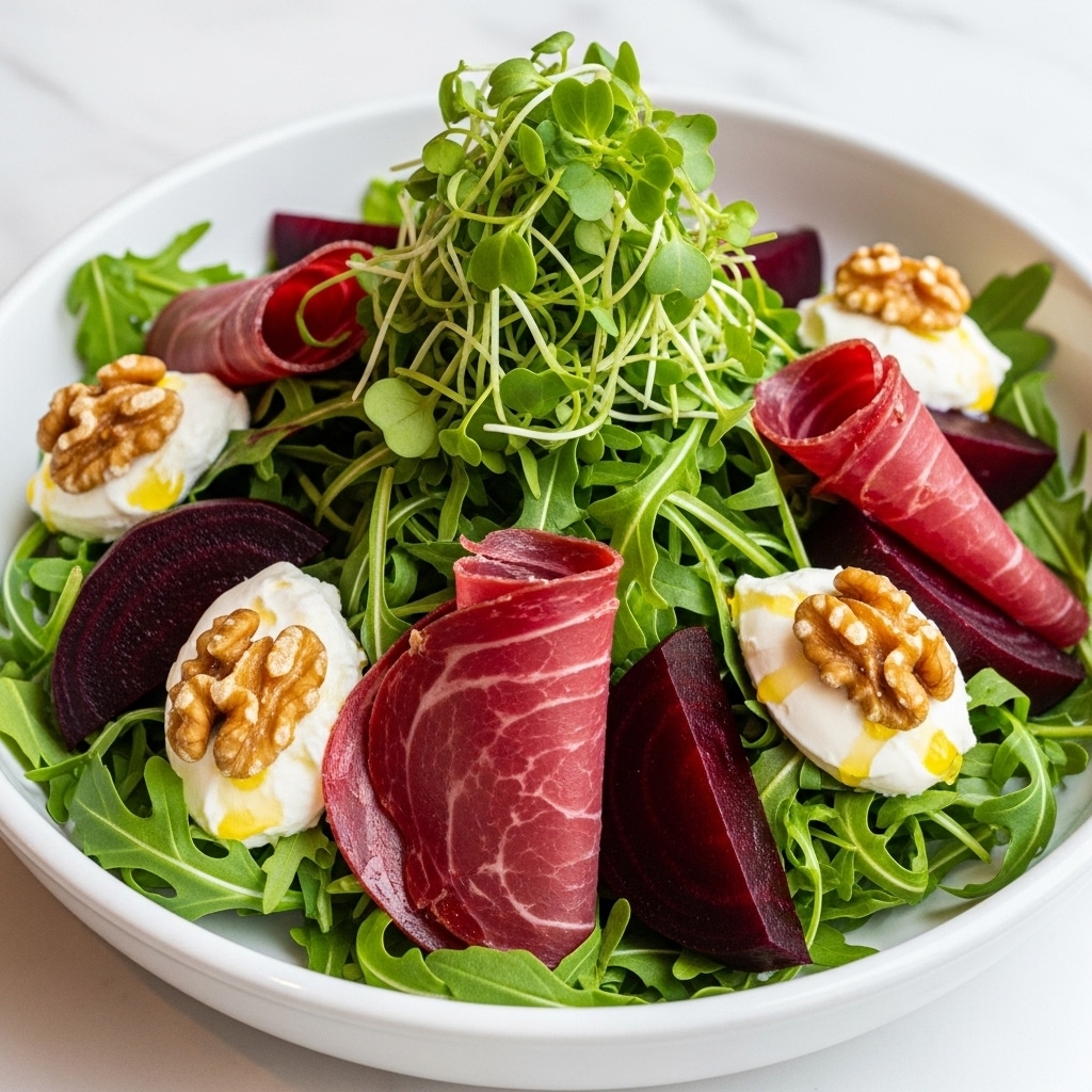 A fresh salad is arranged in a white bowl with a base layer of bright green arugula leaves spread evenly. On top of the greens, there are four slices of deep red cured meat, slightly folded to show their marbled texture. Around the salad, there are small dollops of white cheese with a drizzle of yellow olive oil on each. Between these dollops, a few dark purple beet slices with a slightly glossy surface add color contrast. Scattered on the salad and cheese are golden brown walnut pieces. At the very top, a small bunch of fresh green microgreens finishes the look. The bowl is set on a white marbled texture surface. photo taken with an iphone --ar 4:5 --v 7