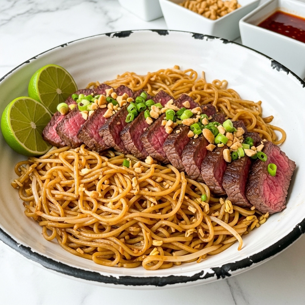 In the image, a white bowl holds a dish with three main layers: at the base, there is a bed of light brown noodles mixed with bean sprouts, giving a soft and slightly crunchy texture; on top, sliced pieces of medium-rare steak display a pink center with a charred dark brown crust; the steak is garnished with small green onion pieces and crushed peanuts scattered lightly for added texture and color; on one side of the bowl, two bright green lime wedges rest against the noodles. In the background, there are small white bowls, one containing peanuts and another with a red sauce, all placed on a white marbled surface. Photo taken with an iphone --ar 4:5 --v 7