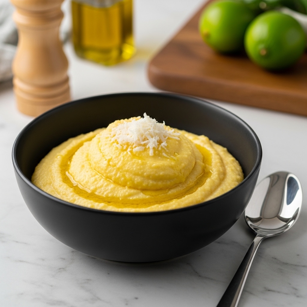 A black bowl holds a serving of creamy yellow polenta, shaped in two layers with a larger base layer and a smaller mound on top. The top has a light drizzle of golden olive oil and a small pile of finely grated white cheese at the center. The bowl sits on a white marbled surface. A shiny metal spoon with a long handle lies next to the bowl. In the softly blurred background, there is a wooden board with a glass bottle of olive oil, green limes, and a brown pepper grinder. photo taken with an iphone --ar 4:5 --v 7