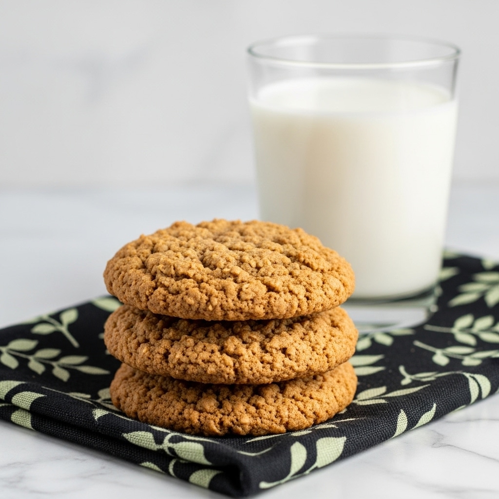 The image shows a stack of three oatmeal cookies, each cookie rough and golden brown with visible oats and small dark specks, placed one on top of the other on a dark patterned cloth. Behind the cookies, there is a clear glass filled with white milk, both set on a white marbled surface. The cookies look thick and slightly crunchy with an uneven texture. photo taken with an iphone --ar 4:5 --v 7