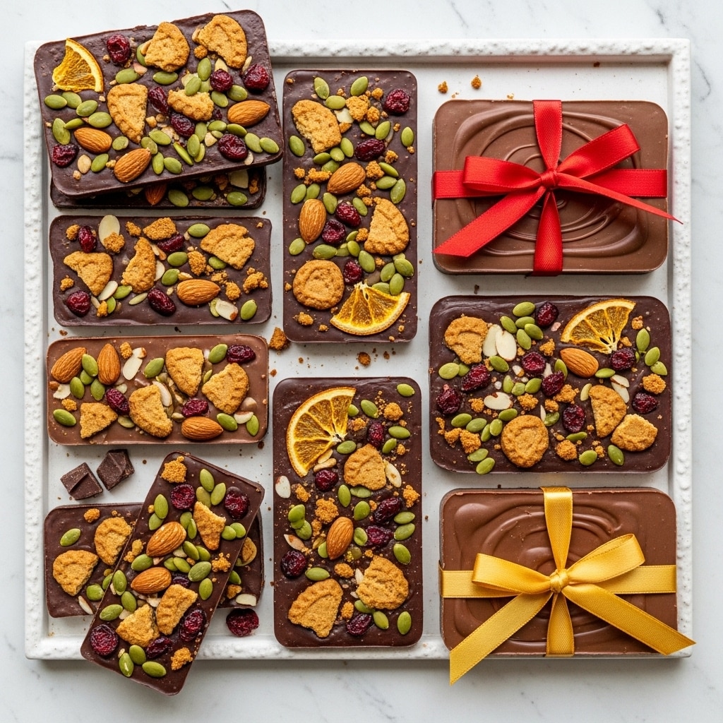 The image shows several chocolate bars with two different colors of chocolate bases: dark brown and light brown. Each bar is topped with broken pieces of biscuits in light beige and brown shades, whole almonds, pumpkin seeds, dried cranberries, and small bits of dried orange-colored fruit. Two of the bars are decorated with colorful ribbons, one red and one yellow-orange, tied in bows around the middle. The bars are placed on a rough white marbled slab, with additional pieces of chocolate and crumbs scattered around on the white marbled texture background. photo taken with an iphone --ar 4:5 --v 7