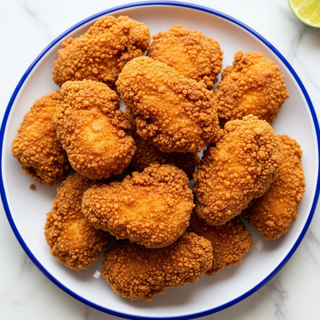 A white plate with a blue rim holds a pile of golden-brown fried chicken pieces. The chicken is crunchy and rough textured, showing a crispy coating with small crumbs. The pieces vary in size and shape, layered loosely on the plate, with some overlapping. The background is a white marbled surface with a small lime wedge visible at the top right corner. Photo taken with an iphone --ar 4:5 --v 7
