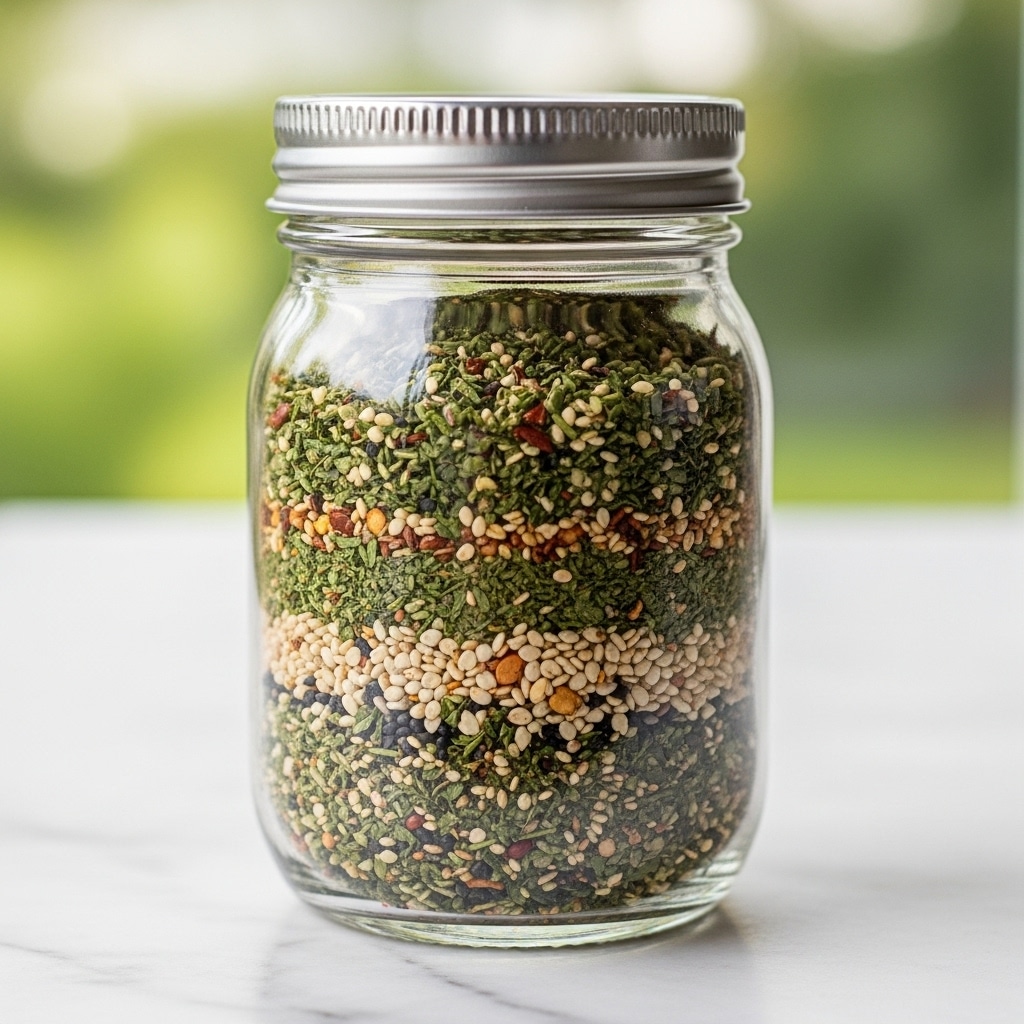 A clear glass mason jar with a silver lid is filled with a colorful mixture of chopped green herbs, red chili flakes, and small white seeds. The jar shows layers of finely cut green leaves mixed evenly with the red and white specks, creating a textured look with small bits floating throughout the liquid inside. The jar stands on a white marbled surface with a soft green and brown blurred background. photo taken with an iphone --ar 4:5 --v 7