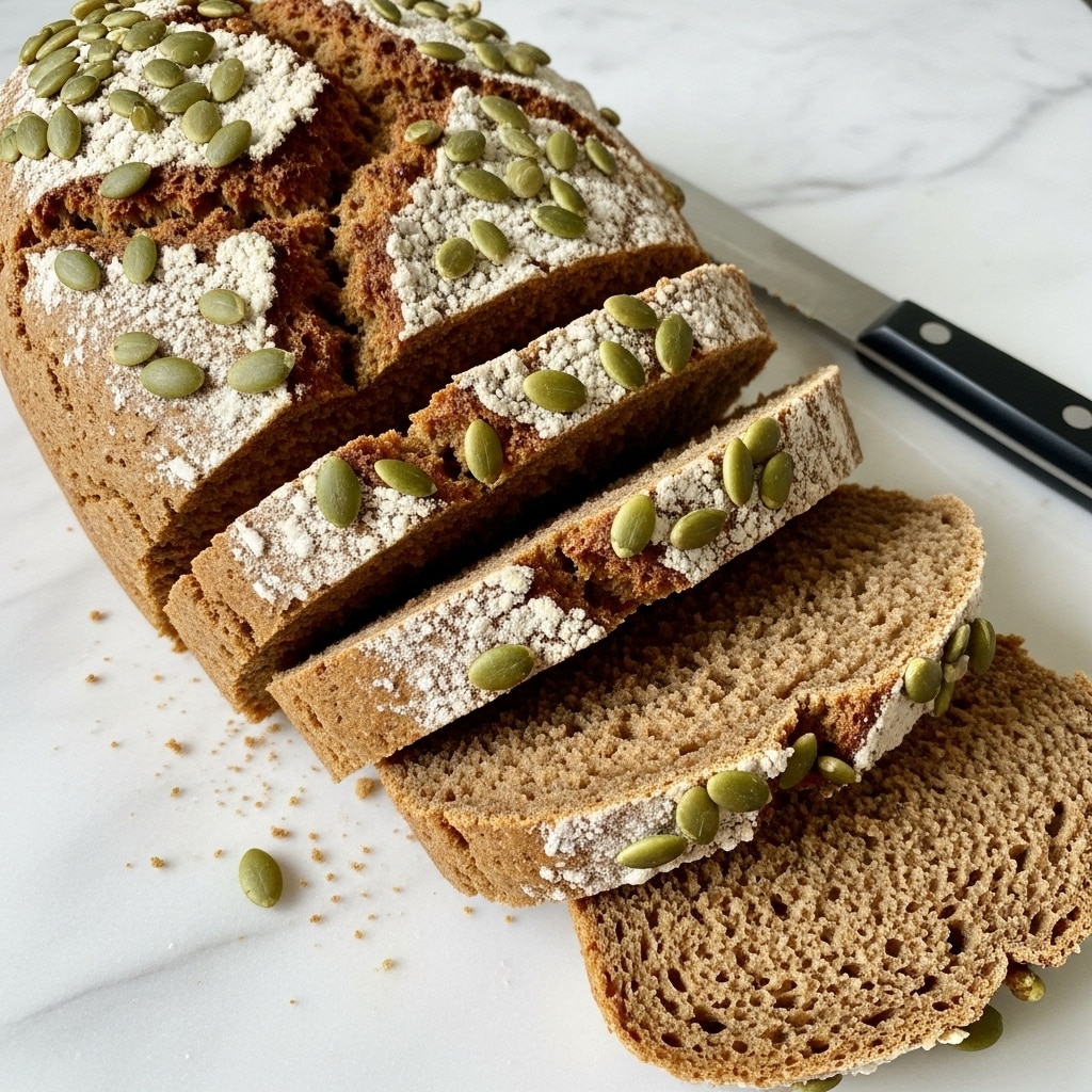 The image shows a loaf of pumpkin bread cut into four slices laid flat on a white marbled surface. The bread has a golden-brown crust sprinkled with light green pumpkin seeds on top. The inside texture is moist and dense with an even orange-brown color. A sharp kitchen knife with a black handle is placed next to the loaf, ready for slicing. Photo taken with an iphone --ar 4:5 --v 7