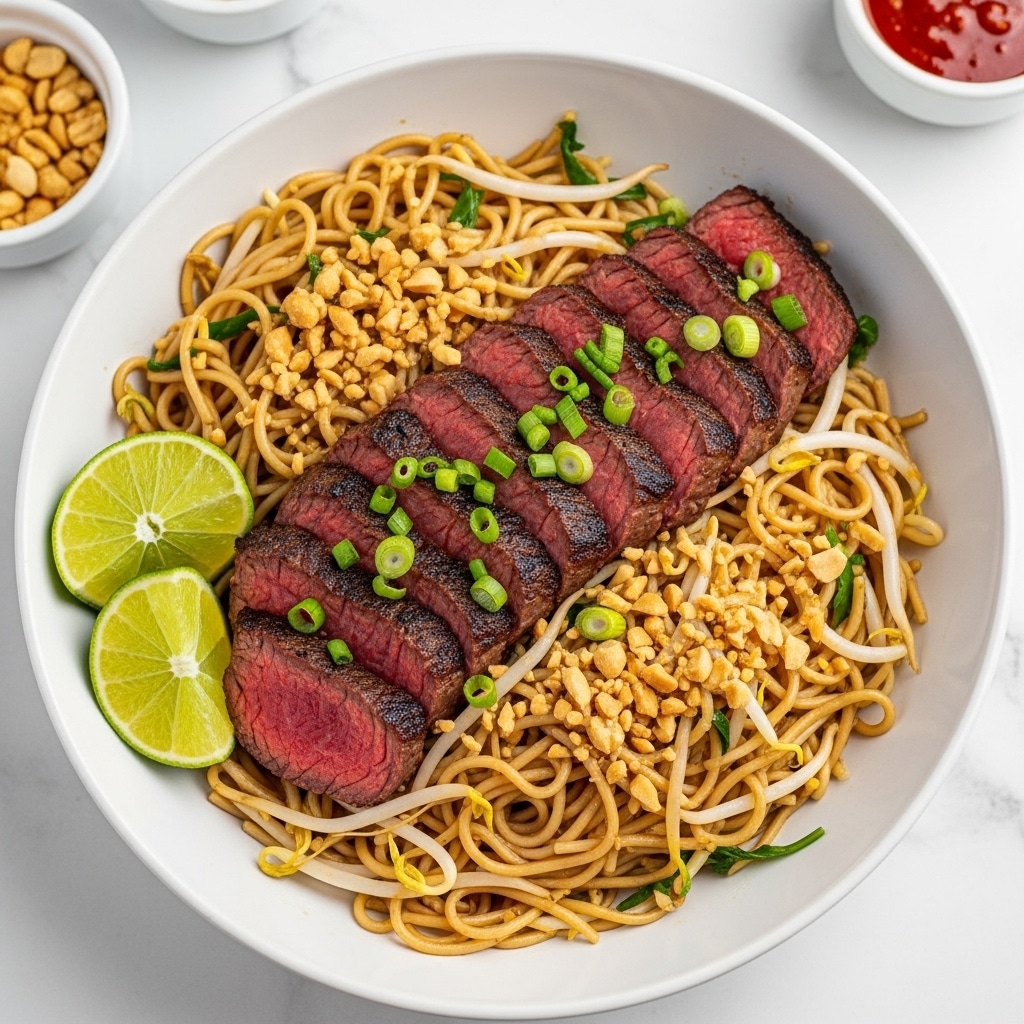 The dish shows a large white bowl with a rough black and gray rim filled with stir-fried noodles at the bottom layer, which are light brown and slightly shiny with pieces of bean sprouts mixed in. On top of the noodles, there are slices of medium-rare steak arranged in a row, showing a pink center and a seared dark brown outer edge. The steak is garnished with chopped green onions and crushed peanuts scattered over it. Two lime wedges are placed on the left side of the bowl, adding a bright green contrast. In the background, there are two white square bowls with one filled with peanuts and the other with a red sauce. The dish is set on a table with a white marbled texture. Photo taken with an iphone --ar 4:5 --v 7