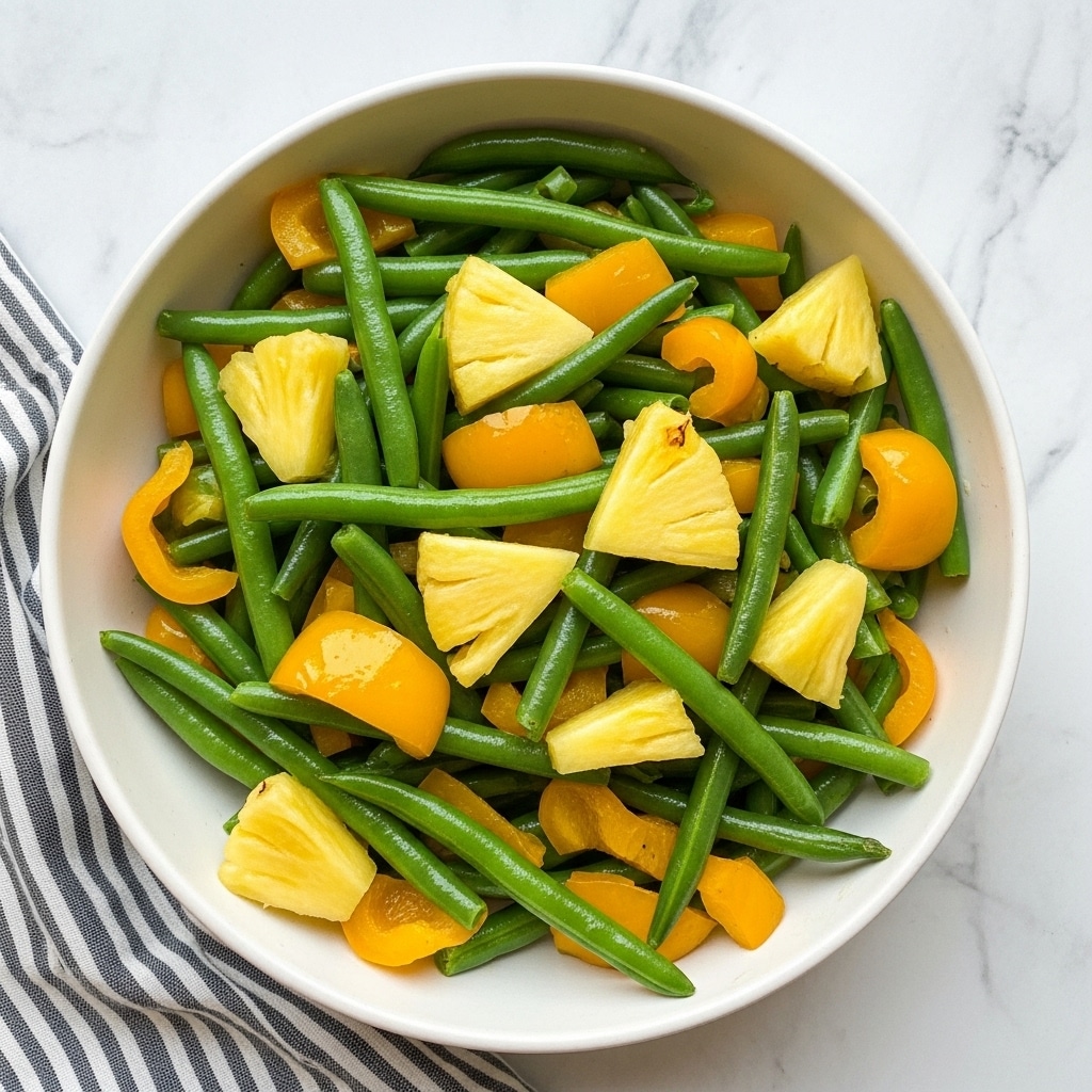 The image shows a white bowl filled with a colorful mix of cooked vegetables. The dish has three main layers: bright yellow pineapple pieces with a juicy texture, green beans that are firm and shiny, and chunks of yellow and green bell peppers that look tender and crisp. The bowl sits on a white marbled surface with a textured white cloth nearby, creating a clean and fresh look. photo taken with an iphone --ar 4:5 --v 7