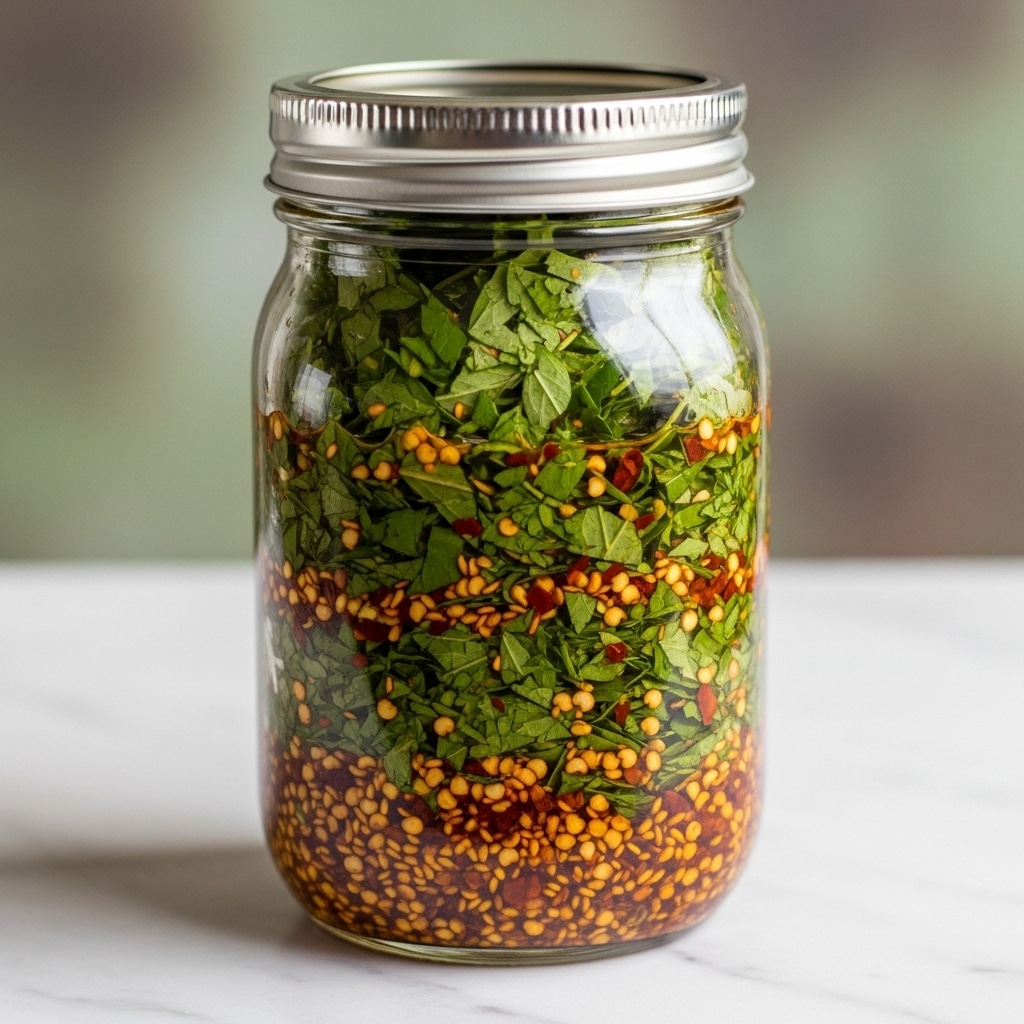 A clear glass jar with a silver lid filled with a mix of finely chopped green herbs and spices layered with small white, red, and black seeds or flakes throughout. The jar is placed on a slightly blurred white marbled textured surface, and the background shows soft green and yellow natural light blurs. The herb mixture inside the jar shows a rough texture and small pieces of varied colors densely packed together, giving a fresh and lively look. photo taken with an iphone --ar 4:5 --v 7